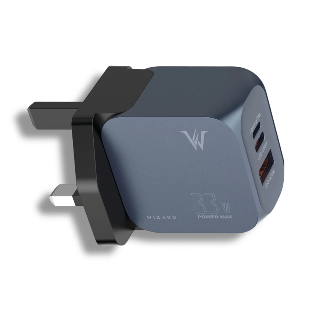 Dark gray Wizard 33W UK plug wall charger with USB-C and USB-A ports