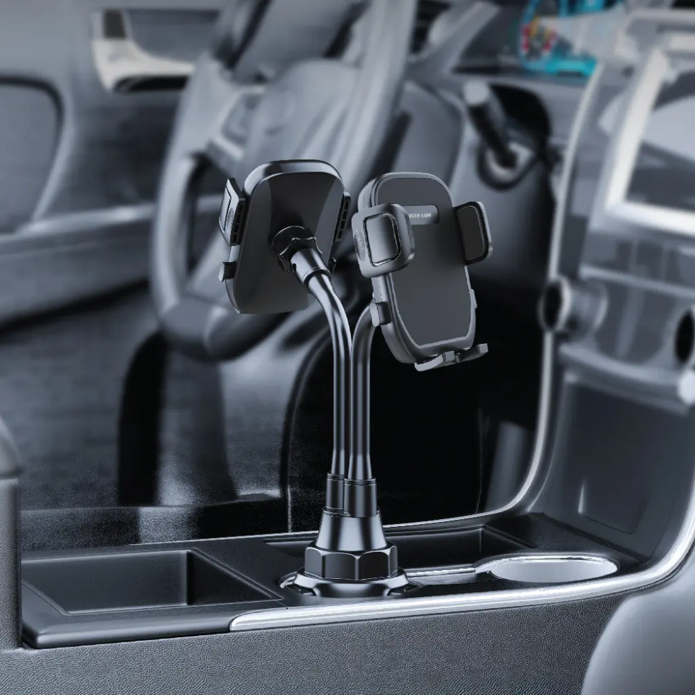 Black dual-arm car phone holder with twist-lock cup mount and adjustable clamps