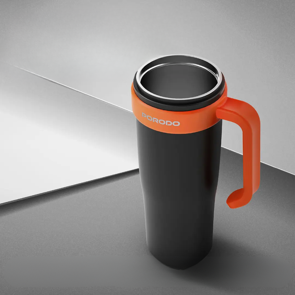 Porodo 900mL portable blender travel mug with stainless steel rim on gray background