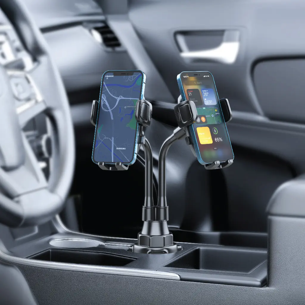 Dual phone car mount holding two smartphones side by side with 360 rotation