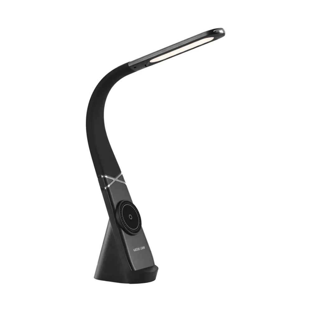 Side view of black Green Lion desk lamp showing triangular base, curved neck, and circular wireless charging pad