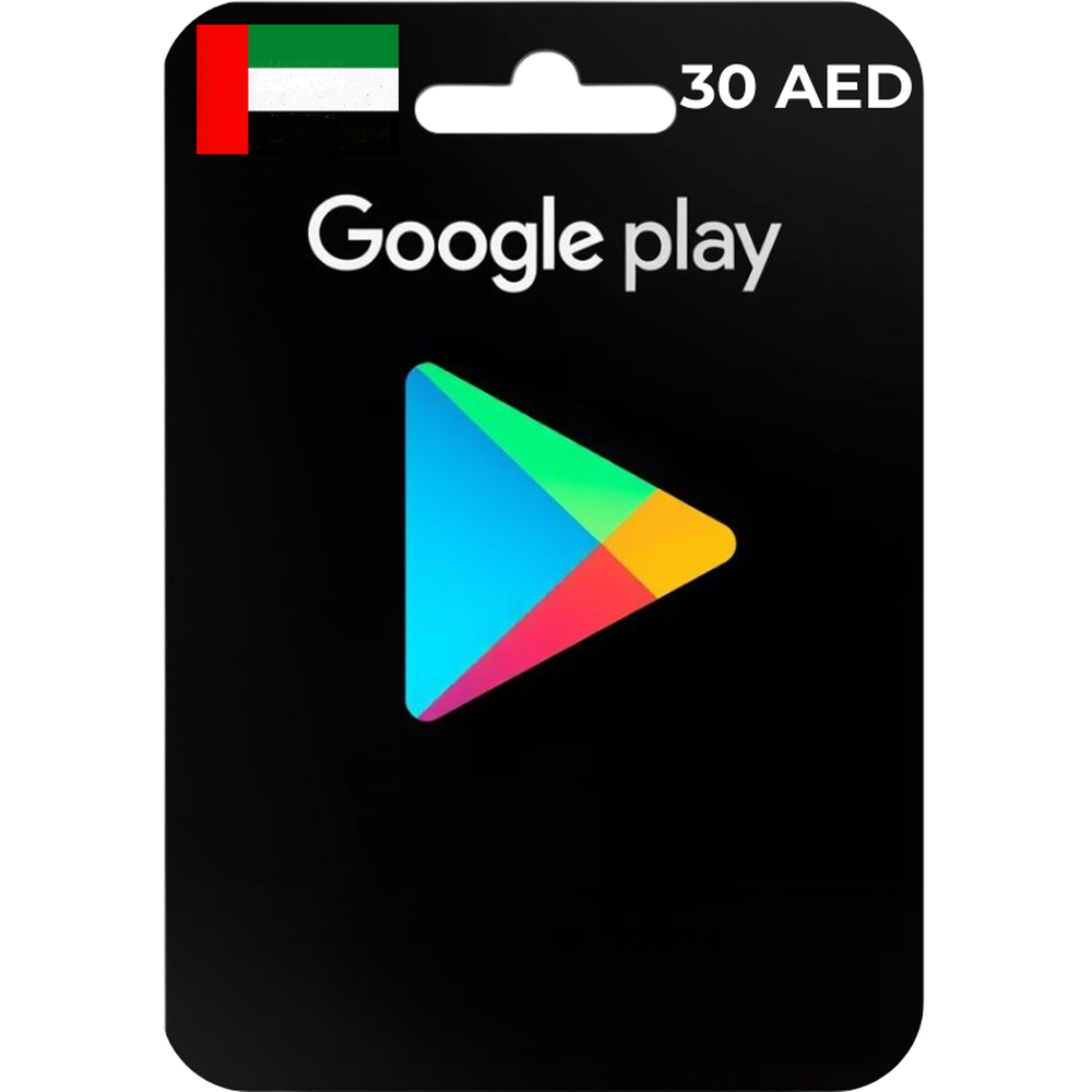 30 AED Google Play UAE digital gift card with black design and multicolor logo