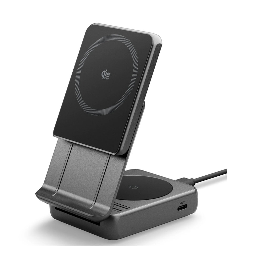 Front view of Spigen 25W Qi2 foldable wireless charger with adjustable phone stand