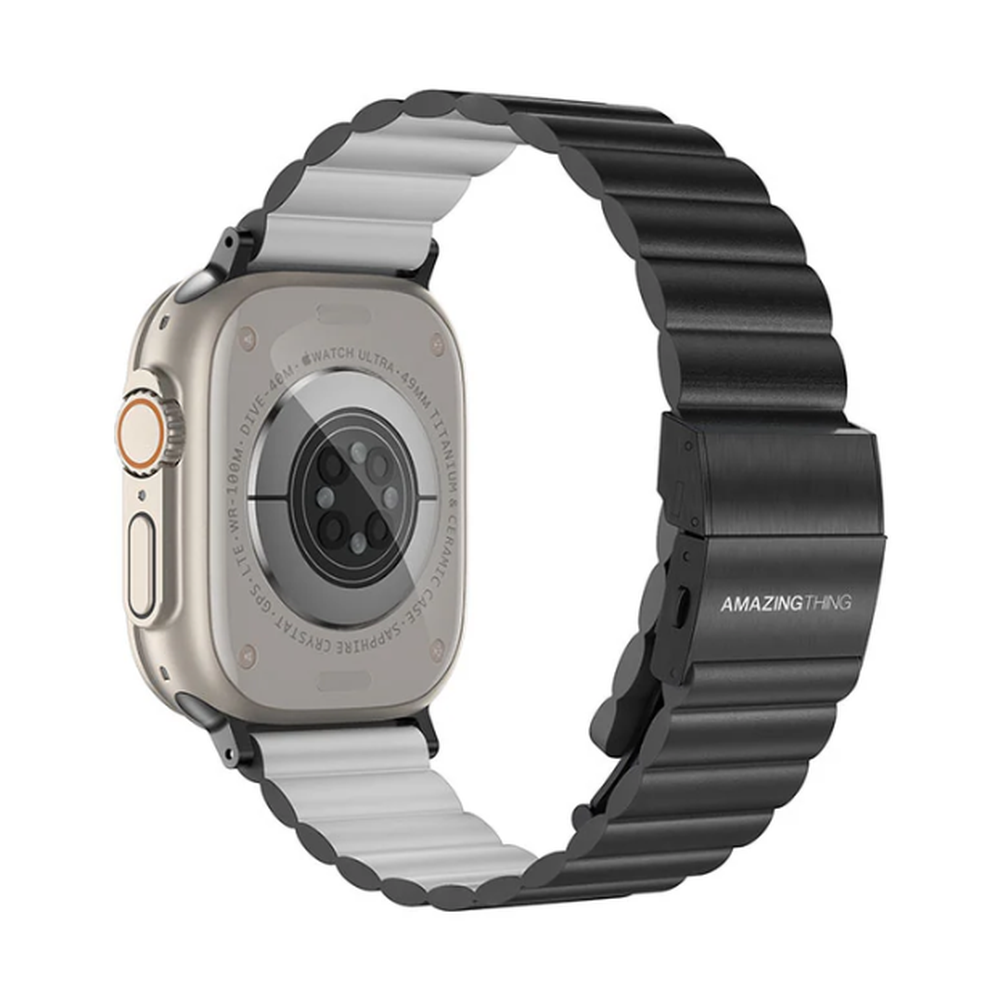 Black and silver dual-tone links on dark gray Apple Watch band