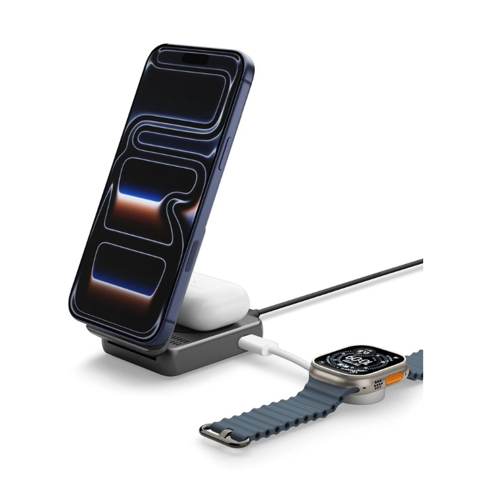 Spigen 25W foldable wireless charger with magnetic stand for iPhone, AirPods, and smartwatch