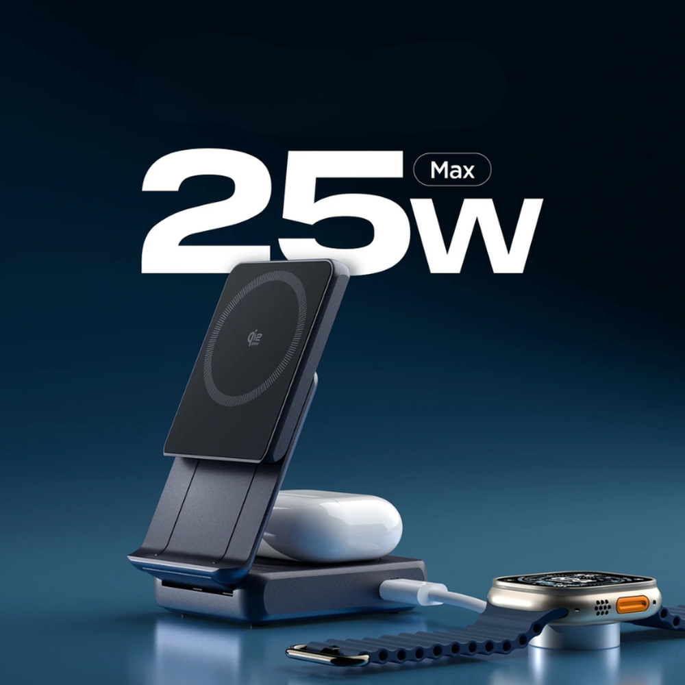 Spigen 25W Max foldable wireless charger displaying Qi2 logo and multi-device charging setup