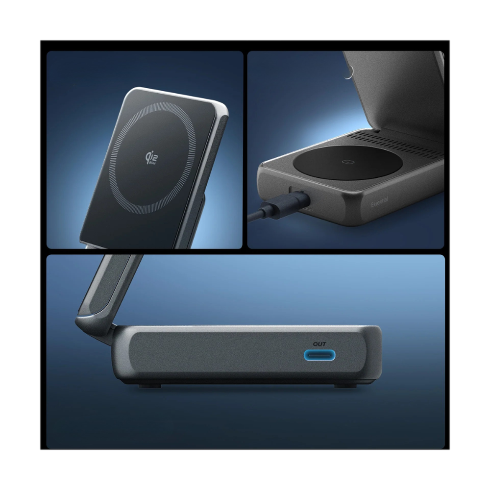 Side view of Spigen 25W foldable charger highlighting USB-C OUT port and matte dark gray finish