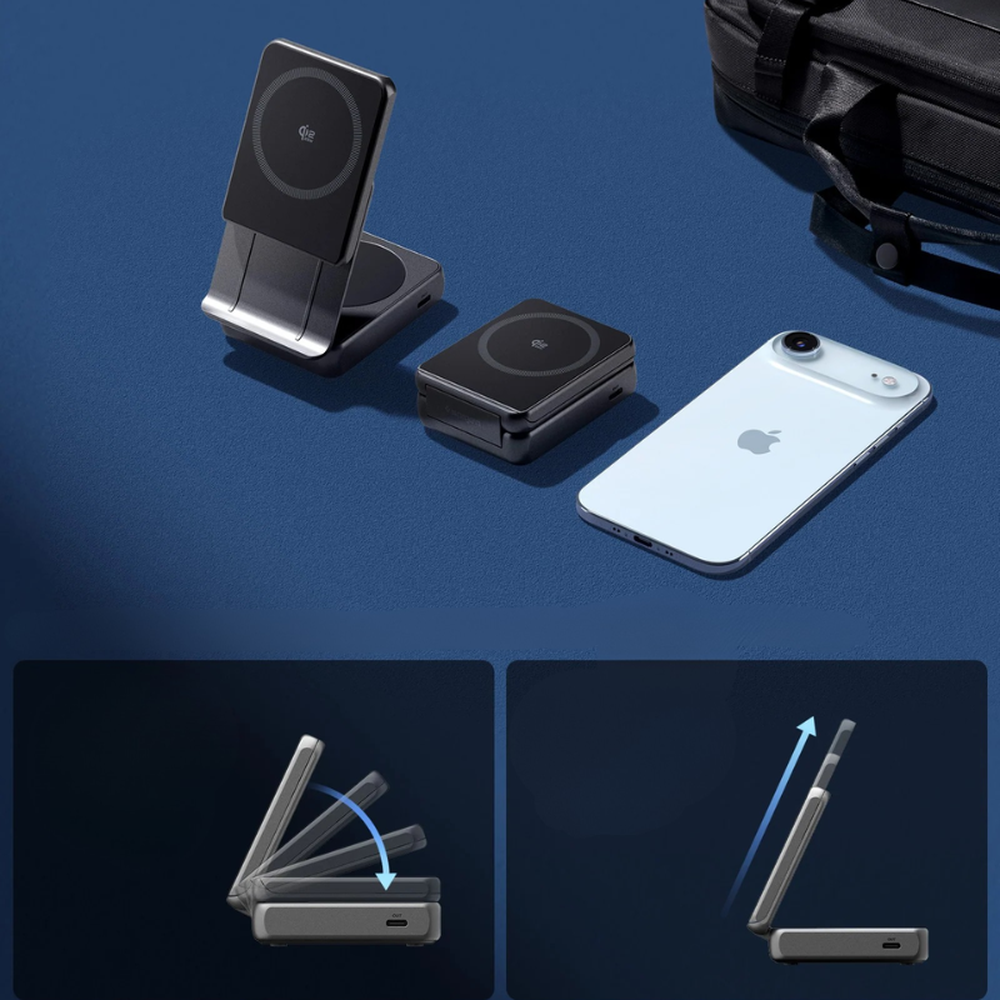 Foldable mechanism diagram of Spigen 25W Qi2 wireless charger showing upright and flat positions