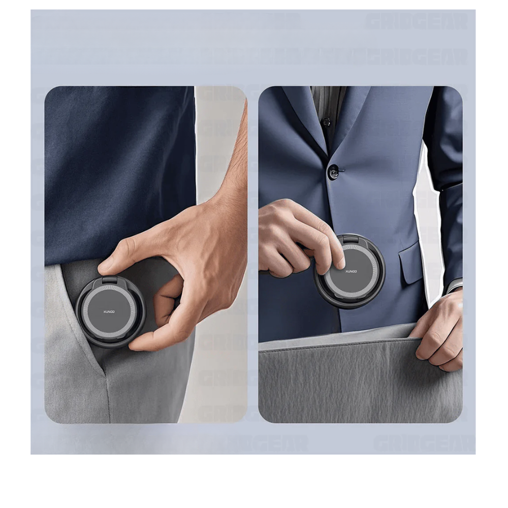 Folded Xundd portable 3-in-1 wireless charger fitting in laptop bag or waistband