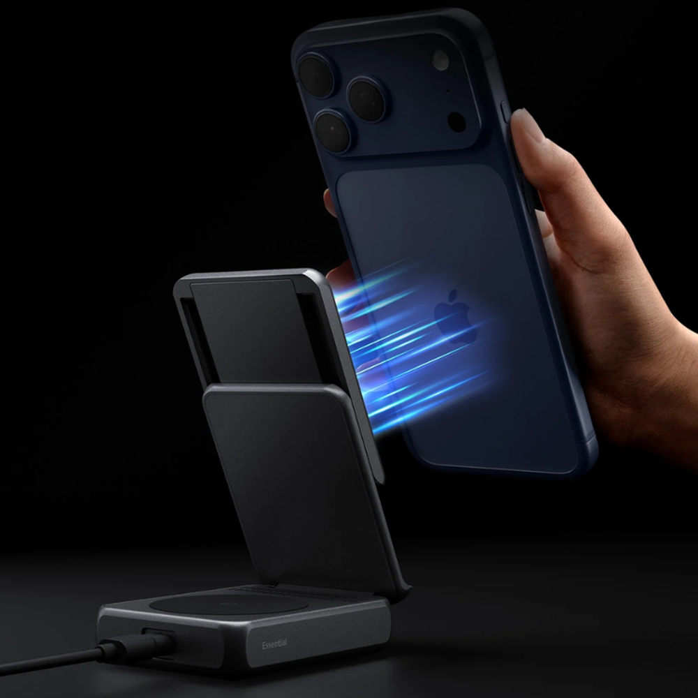 Magnetic alignment of Spigen 25W Qi2 wireless charger with blue LED charging indicator