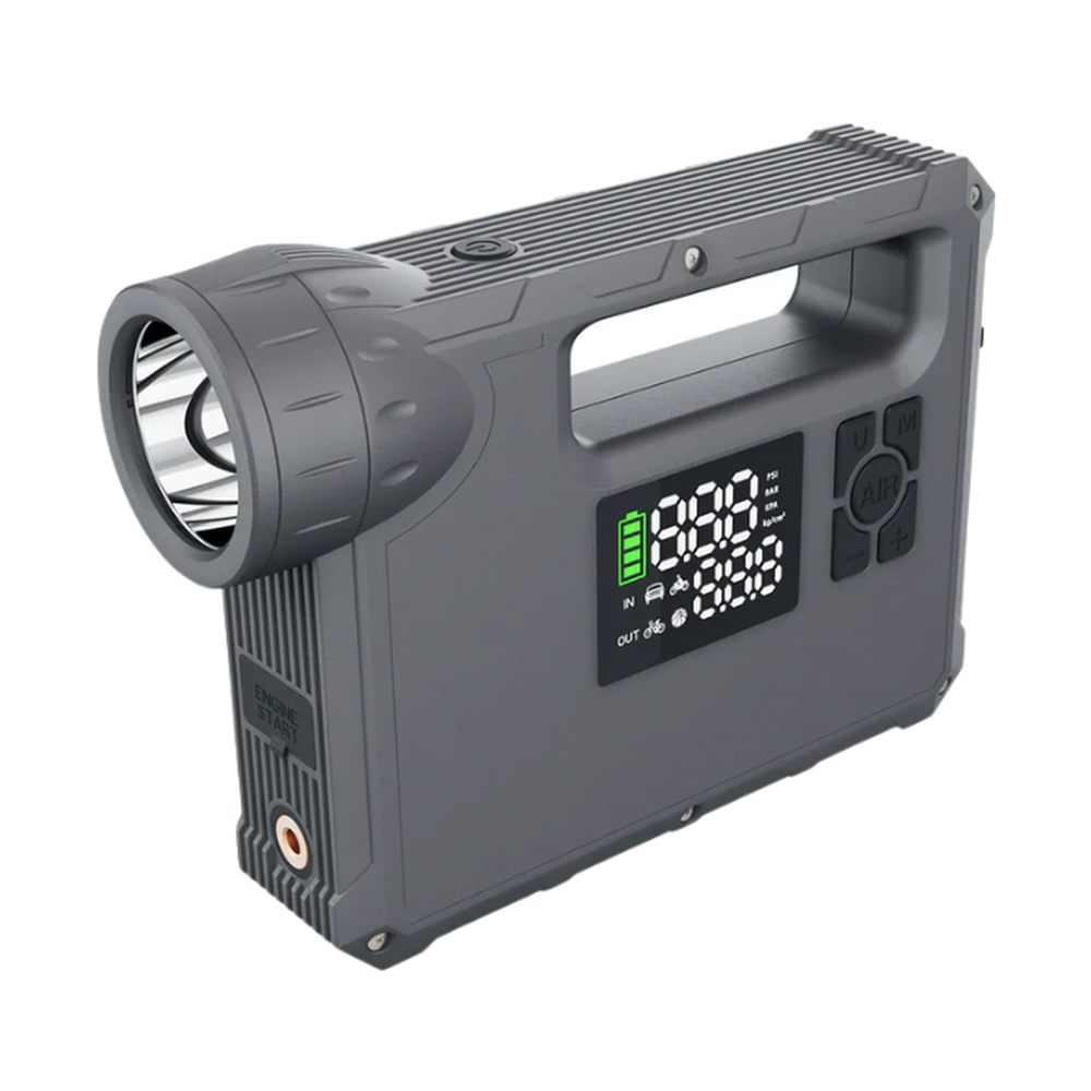 Gray portable air pump with LCD screen and control buttons for vehicle tire inflation