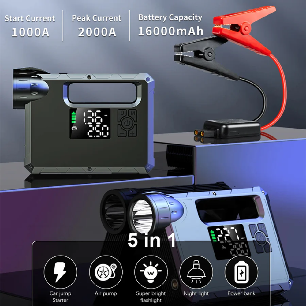 5-in-1 jump starter power bank with 1000A start current and built-in flashlight