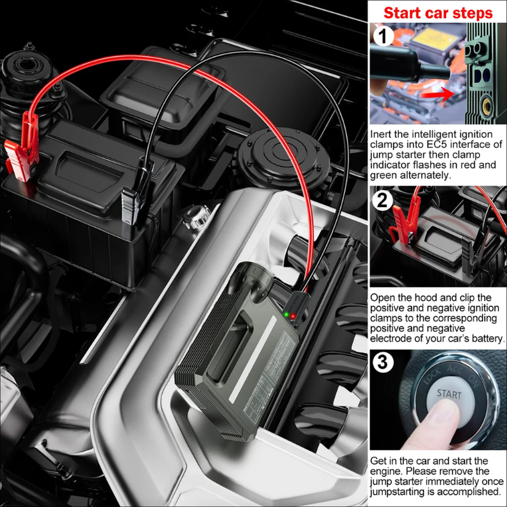 Step-by-step guide connecting intelligent clamps to car battery terminals for jump starting