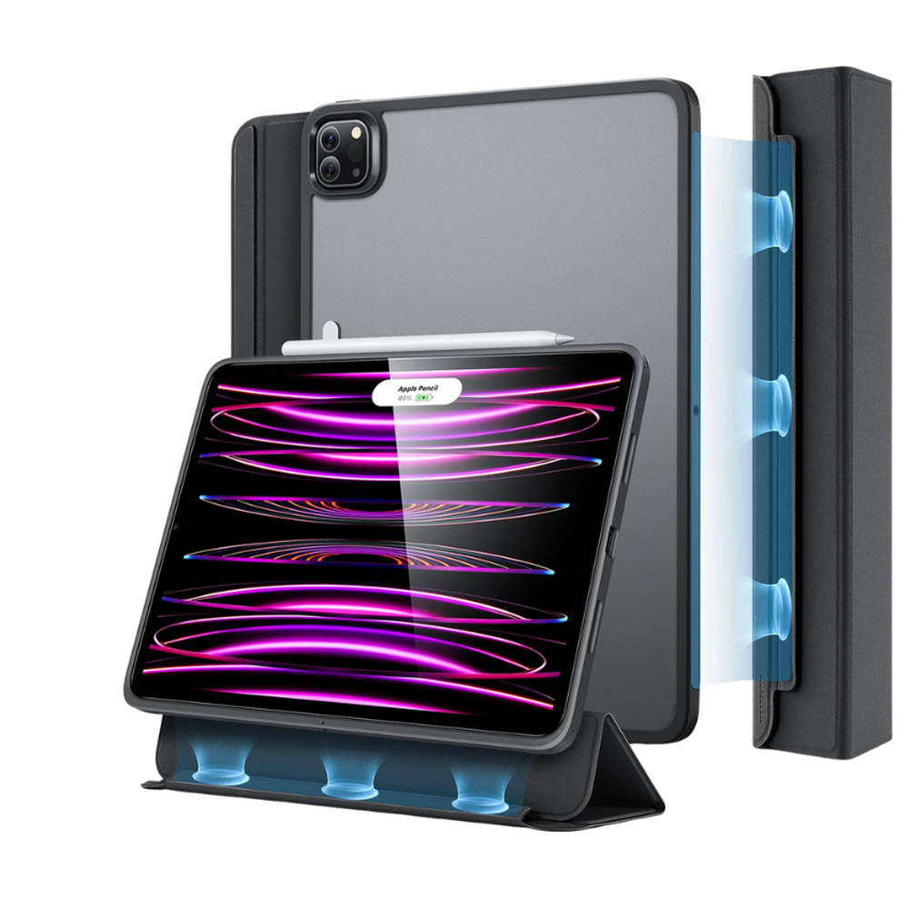 Black iPad Air case with clear camera panel, pencil holder, and air circulation vents