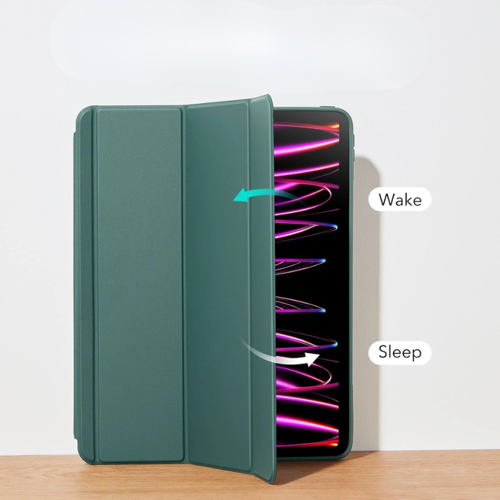Green iPad Air cover demonstrating auto wake and sleep hinge functionality