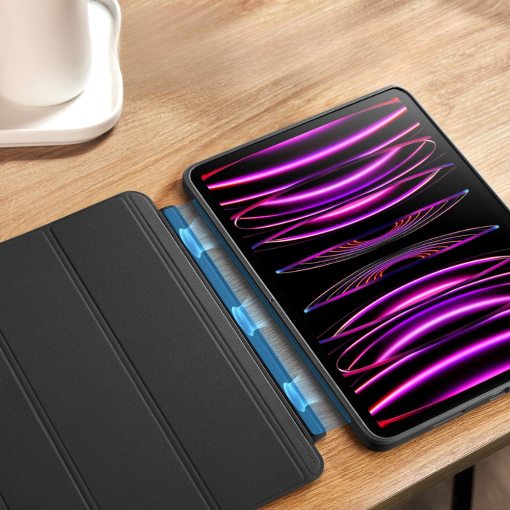Black ESR iPad Air case showing side airflow cooling vents and partial insertion