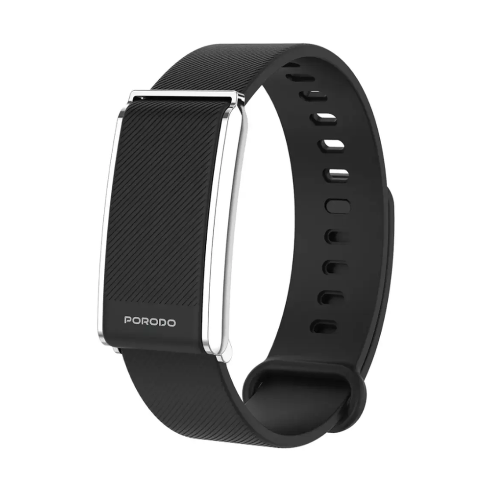 Black Porodo smart fitness band front side profile showing textured strap and adjustable buckle