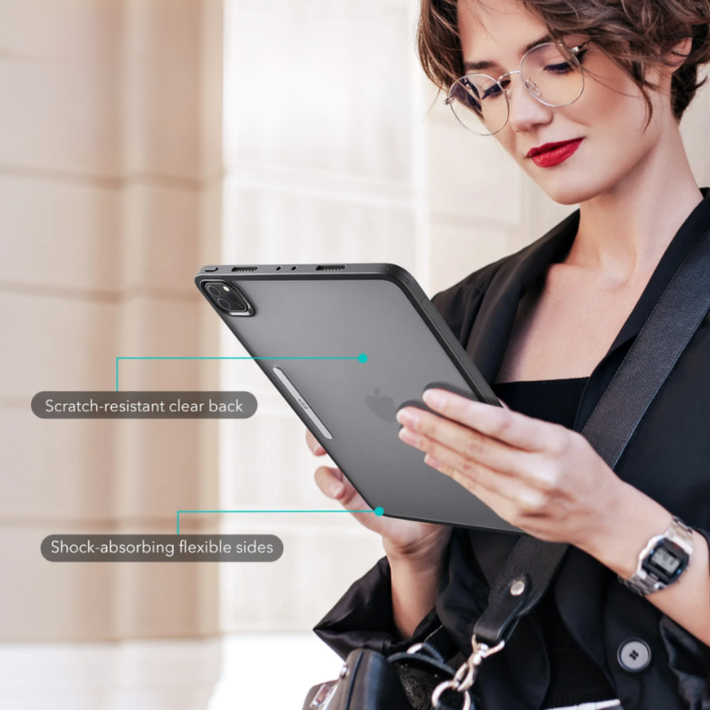 Black protective iPad case with scratch-resistant clear back and shock-absorbing sides
