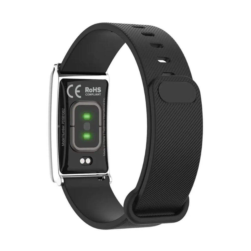 Black Porodo smart fitness band back view with green LED heart rate sensors and IP68 waterproof rating