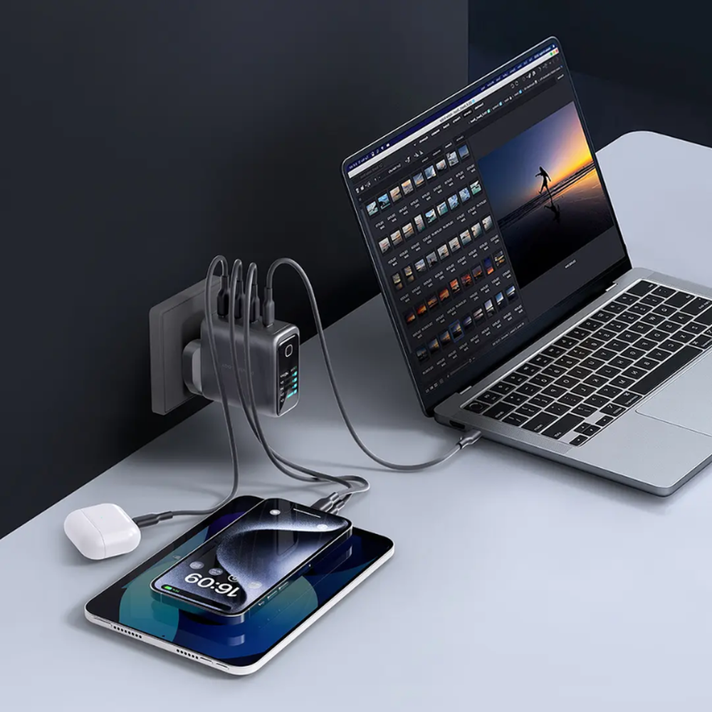 Powerology 140W multi-device wall charger charging laptop phone and earbuds