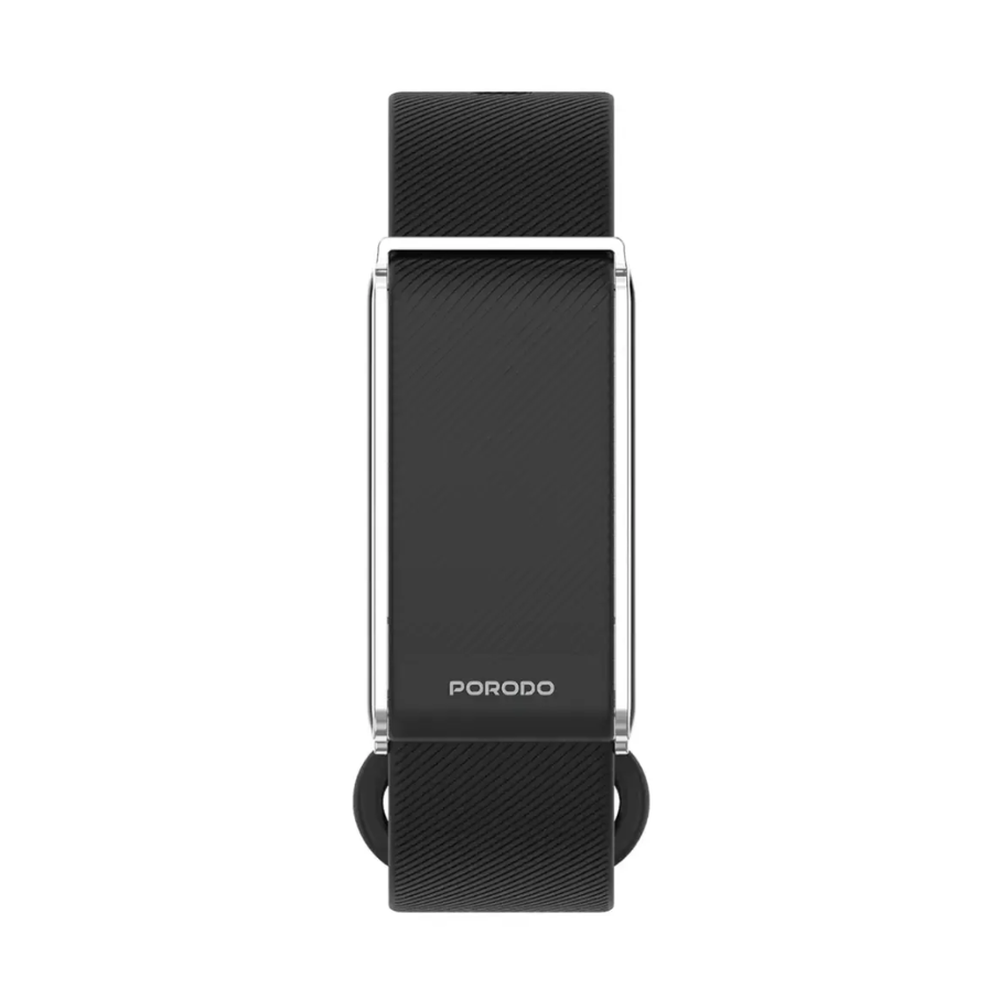Front view of black Porodo smart fitness band with white logo on rectangular display face