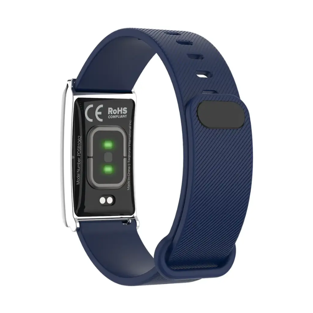 Navy blue Porodo smart fitness band rear view displaying charging contacts and compliance labels