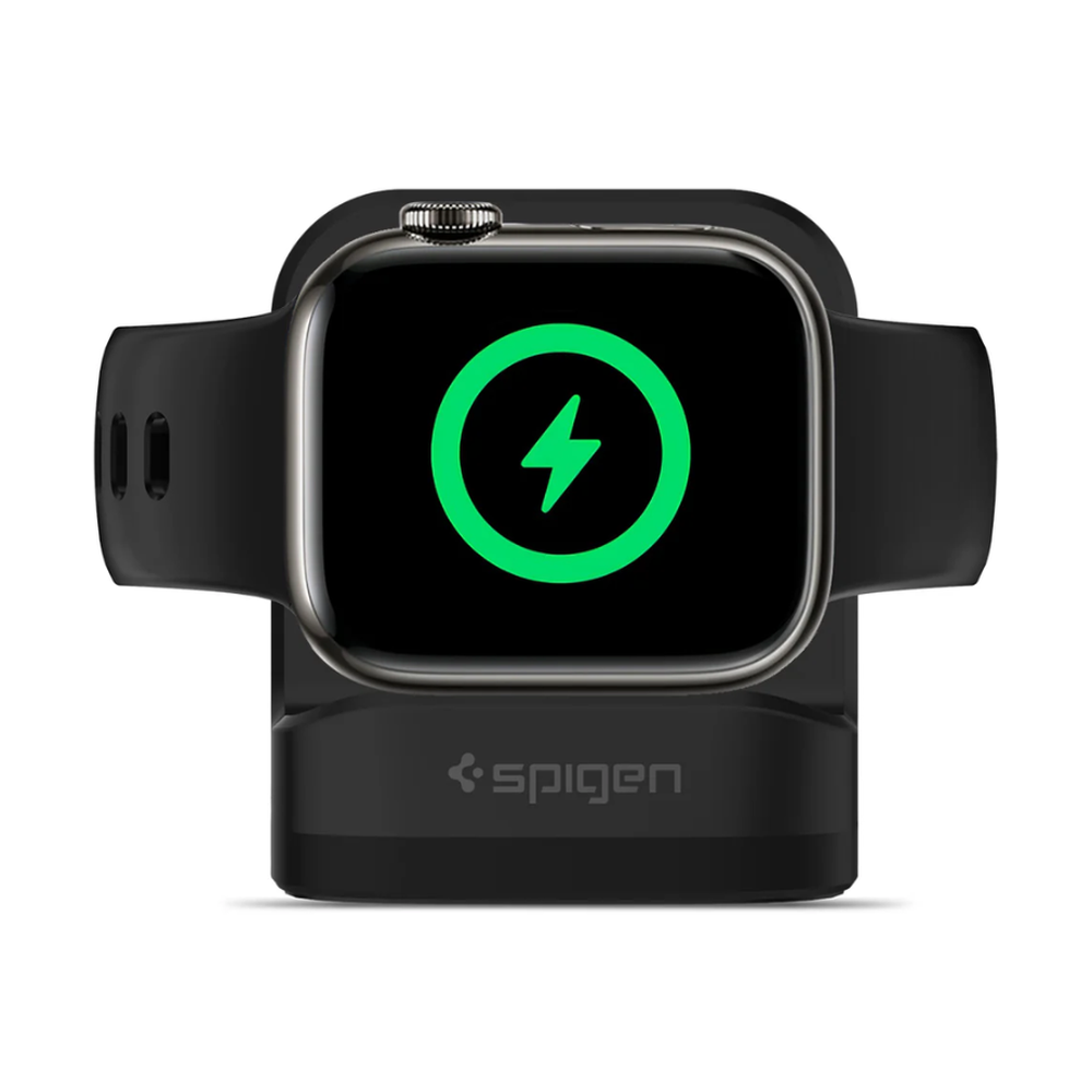 Black Spigen Apple Watch charging stand with curved cradle and digital crown cutouts for secure fit