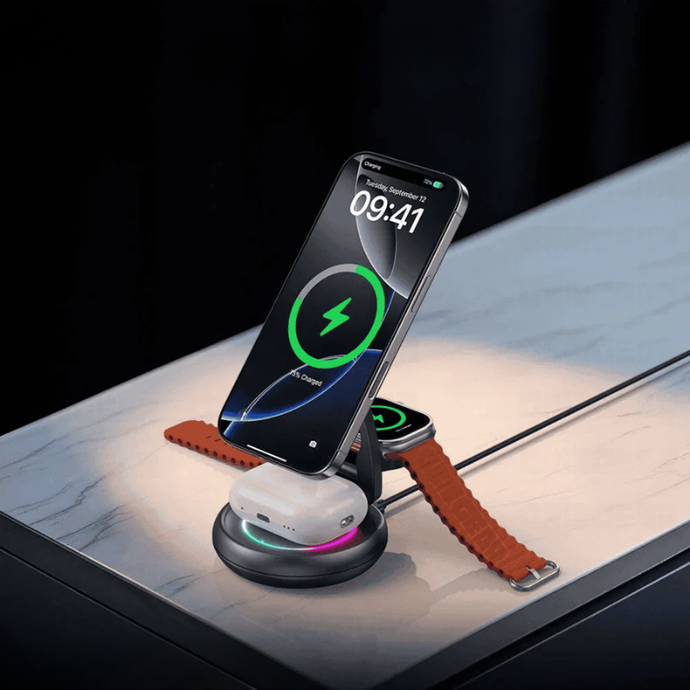 Xundd 3-in-1 wireless charging station on marble desk with glowing LED ring