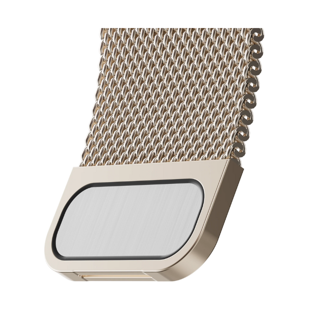 Close-up of gold magnetic clasp on stainless steel mesh watch loop