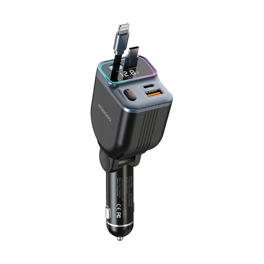 Porodo 65W black car charger with dual retractable cables and digital voltage display