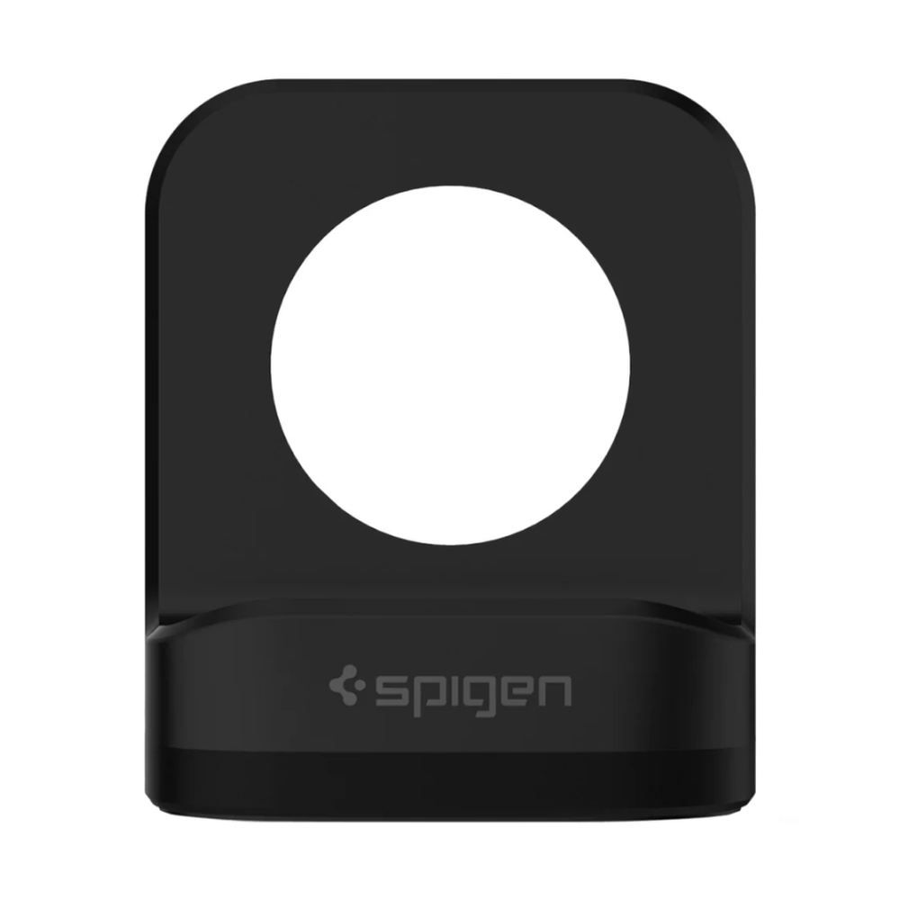 Front view of black Spigen Apple Watch charging stand with rounded corners and exact charger cutout