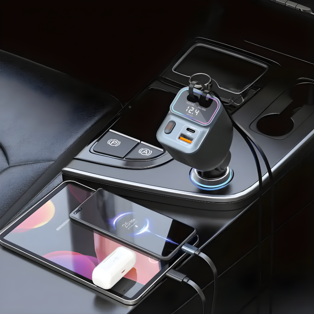 Porodo 65W car charger with extended retractable cables charging smartphone and tablet