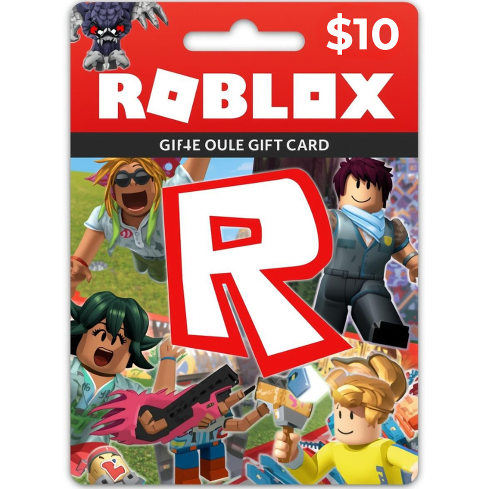 $10 Roblox gift card in red retail packaging with monster character and avatar collage