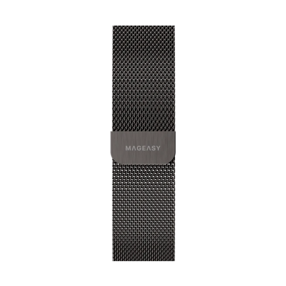 Dark gray MAGEASY magnetic clasp detail on black woven steel band