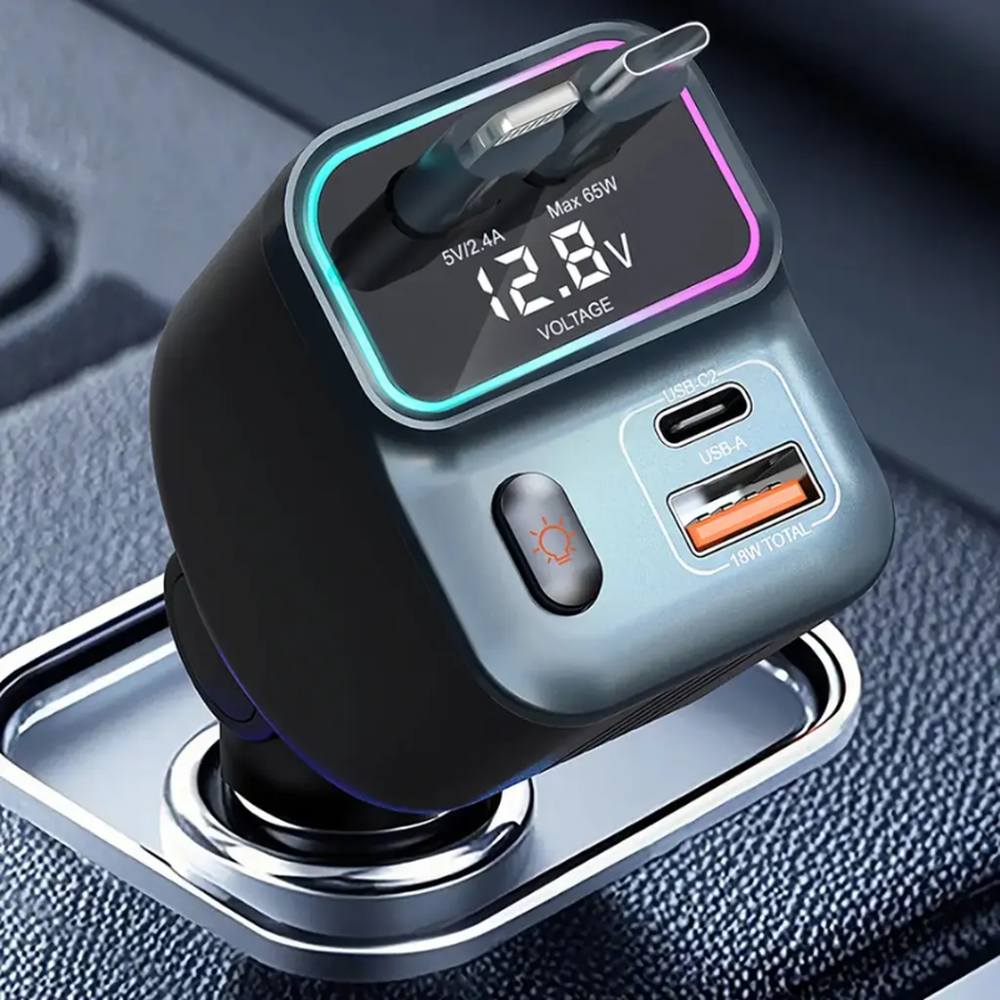 Close-up of Porodo 65W car charger showing LED ring and digital voltage screen in vehicle socket