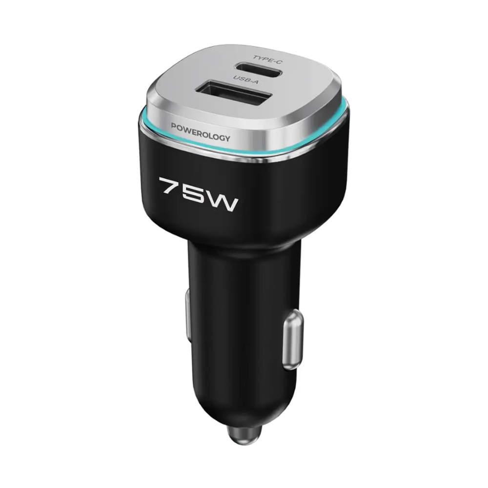Front view black Powerology 75W USB-C PD and USB-A QC car charger with silver accents