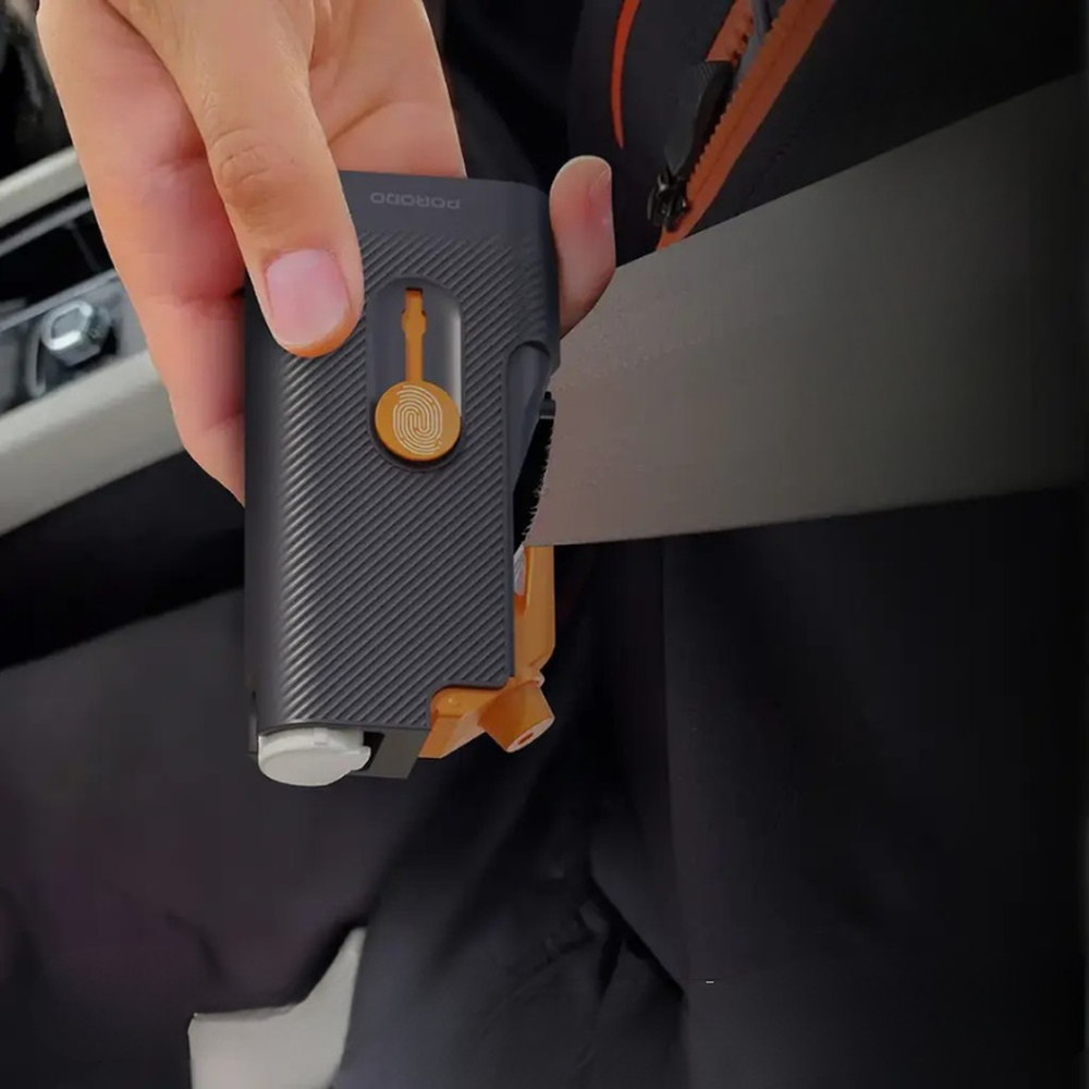 Porodo emergency escape hammer with extended seatbelt cutter grip