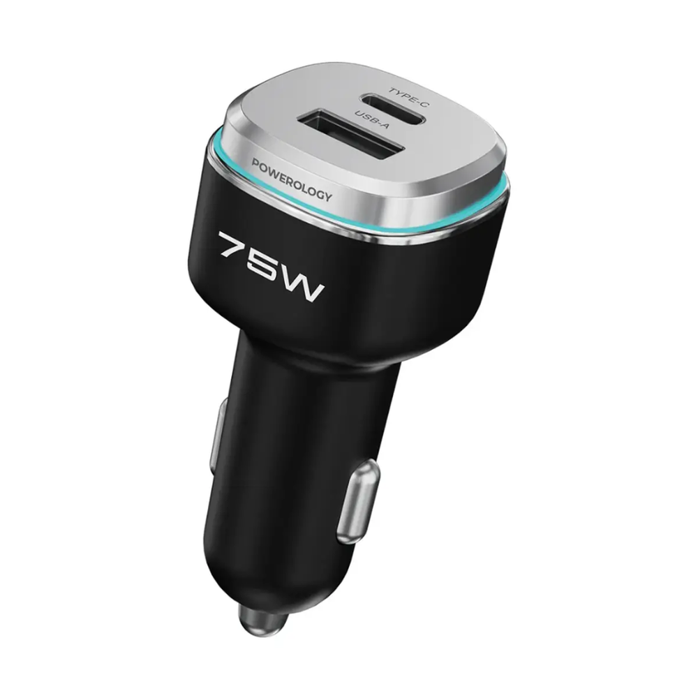 Angled shot of compact black Powerology 75W dual-port car charger with metallic side buttons