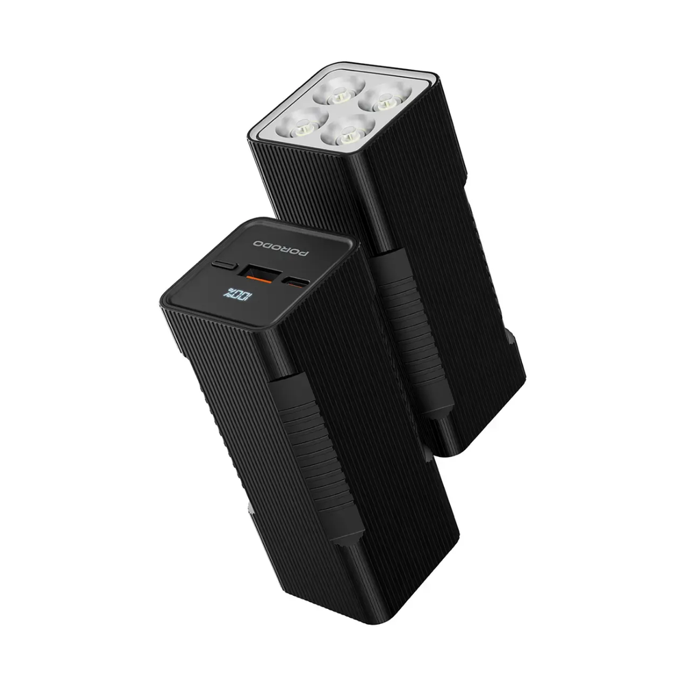 Ribbed black Porodo power bank with dual ports and square LED light