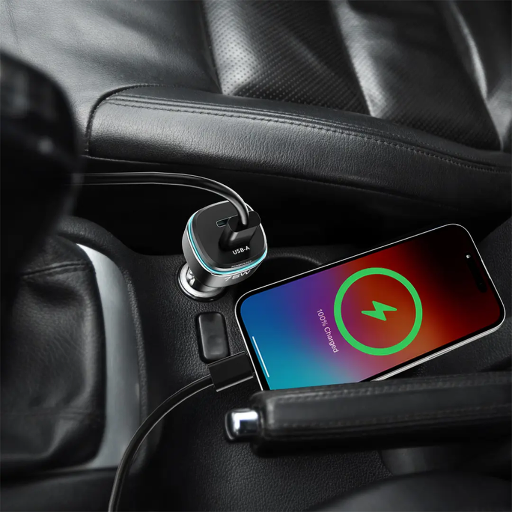 Black Powerology 75W dual-port car charger with blue LED ring charging smartphone in vehicle