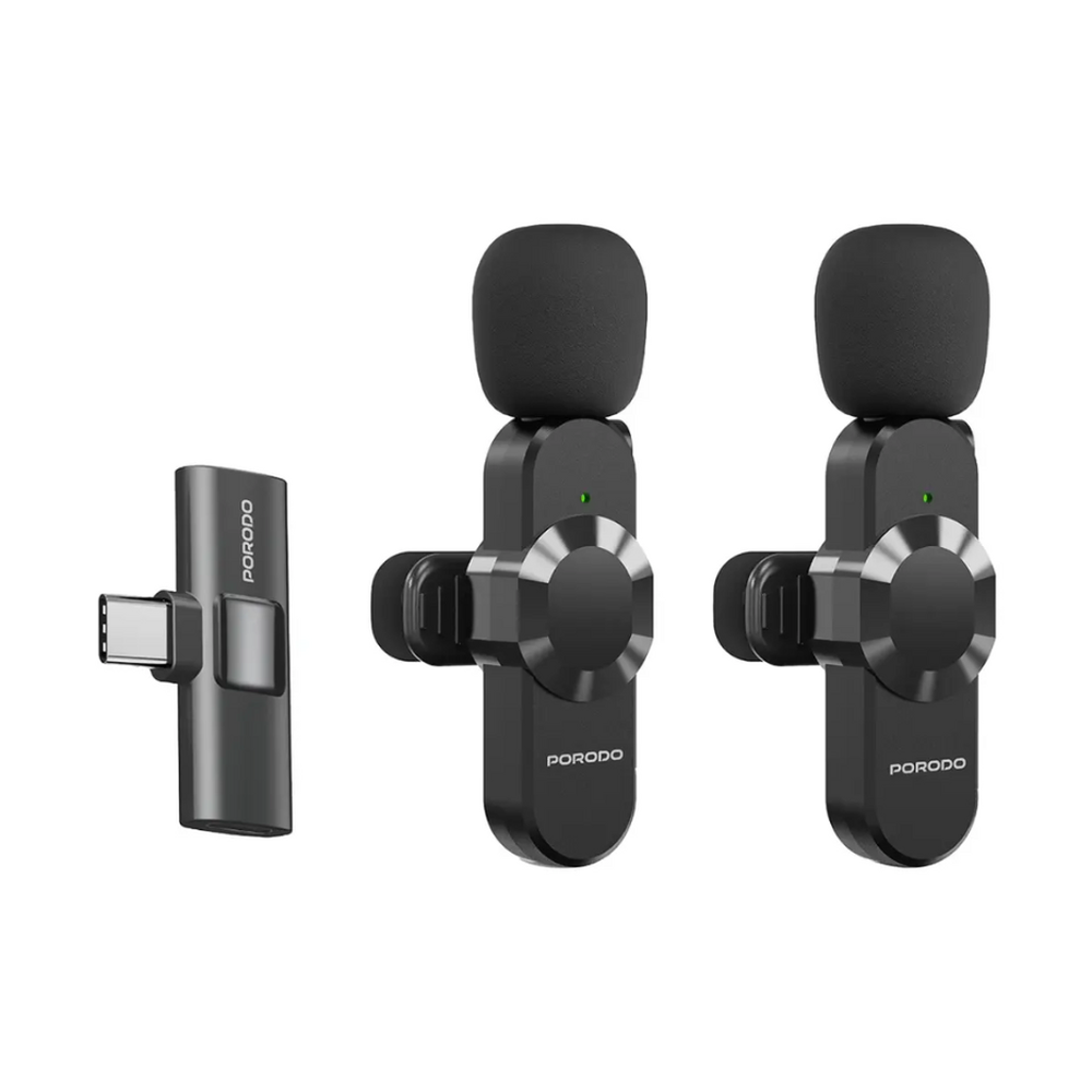 Black Porodo wireless lavalier mic set with clip-on base and LED indicator