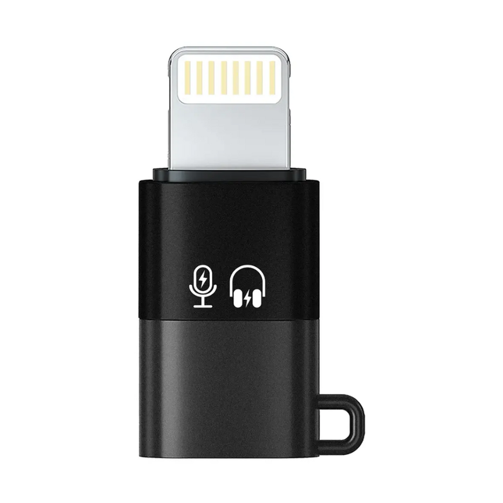 Close-up of black Porodo Lightning to audio adapter with icons