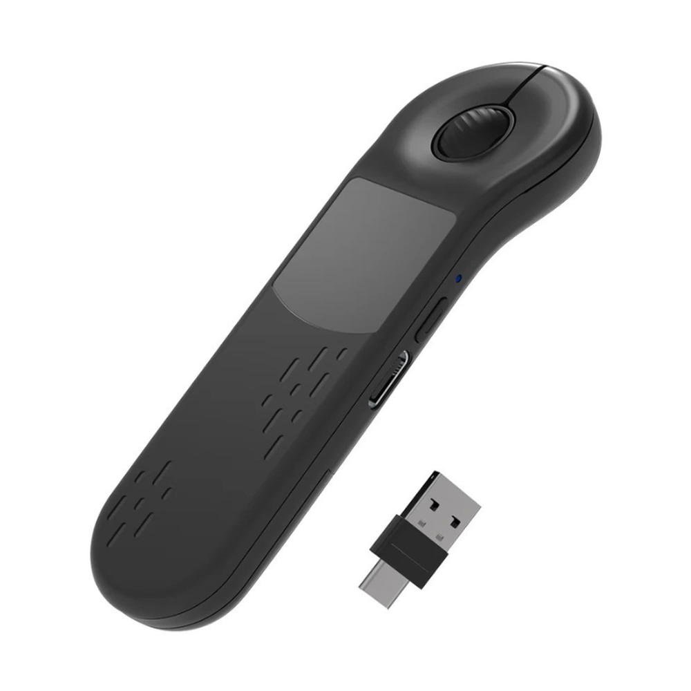 Ergonomic black 3-in-1 air mouse with textured grip and LED indicator light