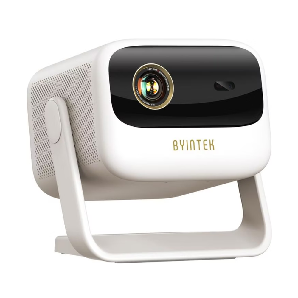 Byintek white smart projector with 4K projection lens and gold branding on adjustable stand