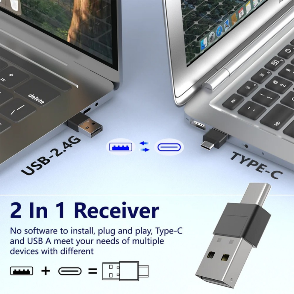Silver USB-C to USB-A adapter dongle for wireless mouse receiver compatibility