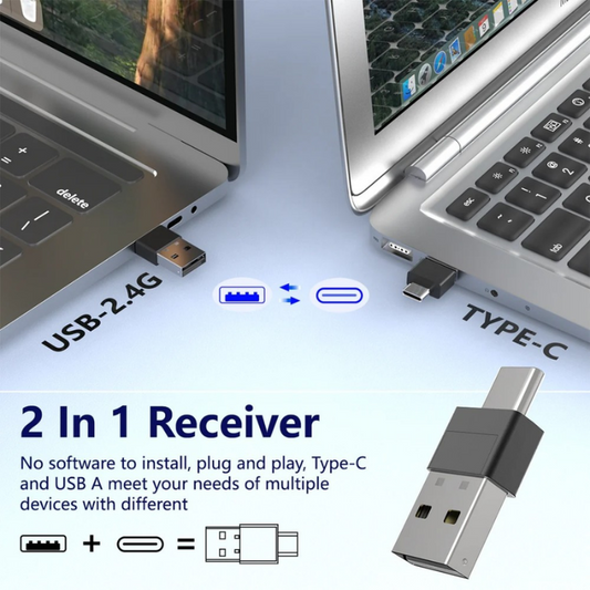 Silver USB-C to USB-A adapter dongle for wireless mouse receiver compatibility