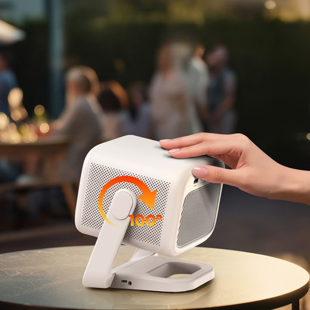 Byintek cube projector showing 100-degree vertical tilt adjustment on flexible stand