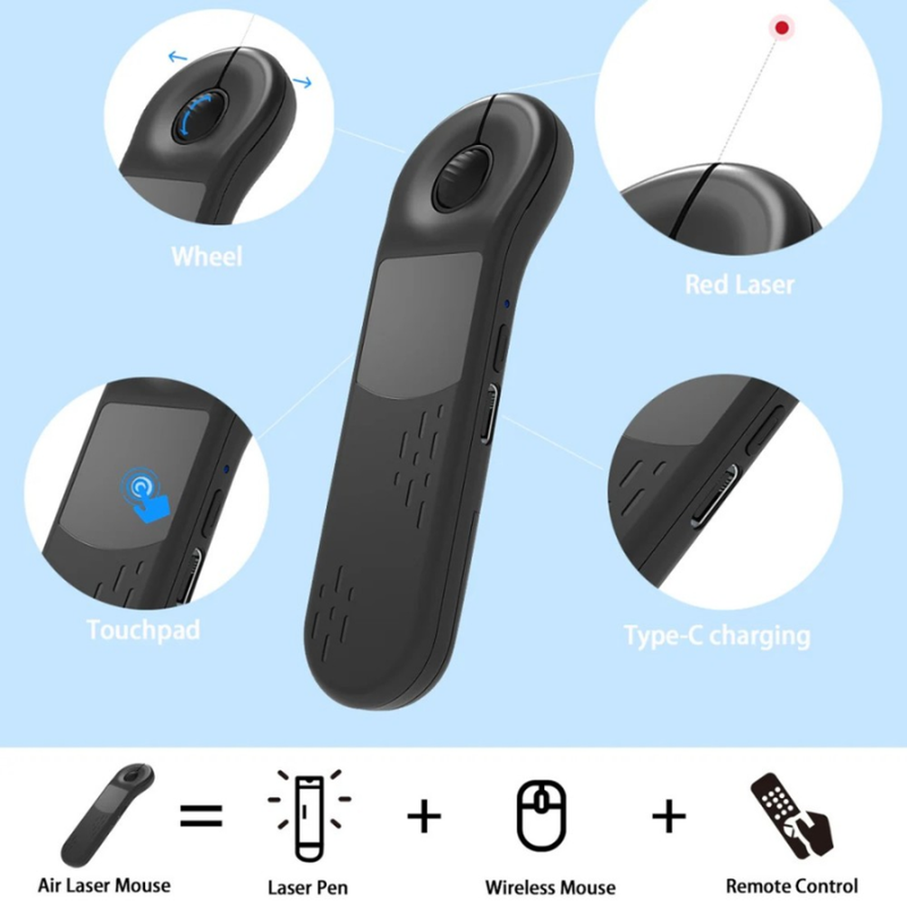 Black Air Laser Mouse with red laser pointer, touchpad, and Type-C charging port