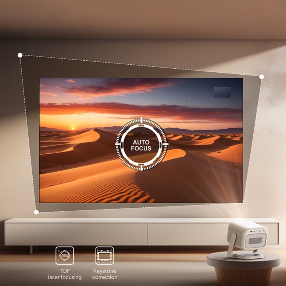 Byintek white smart projector with autofocus and keystone correction projecting desert sunset