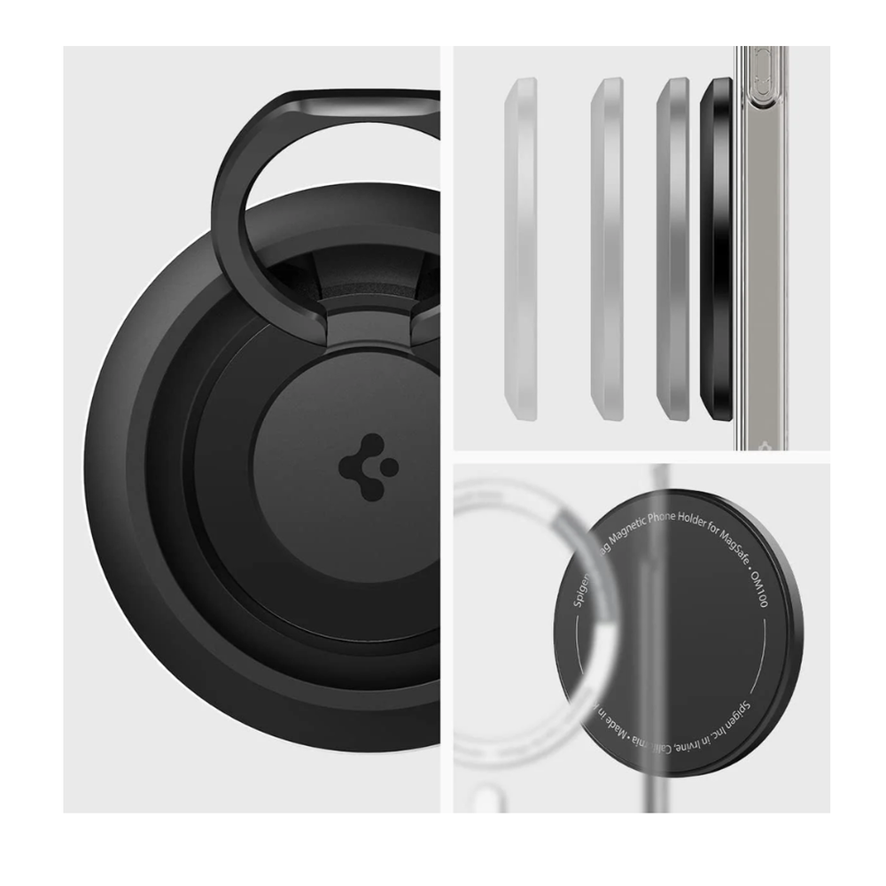 Spigen OM1100 MagSafe phone holder showing color options and engraved label